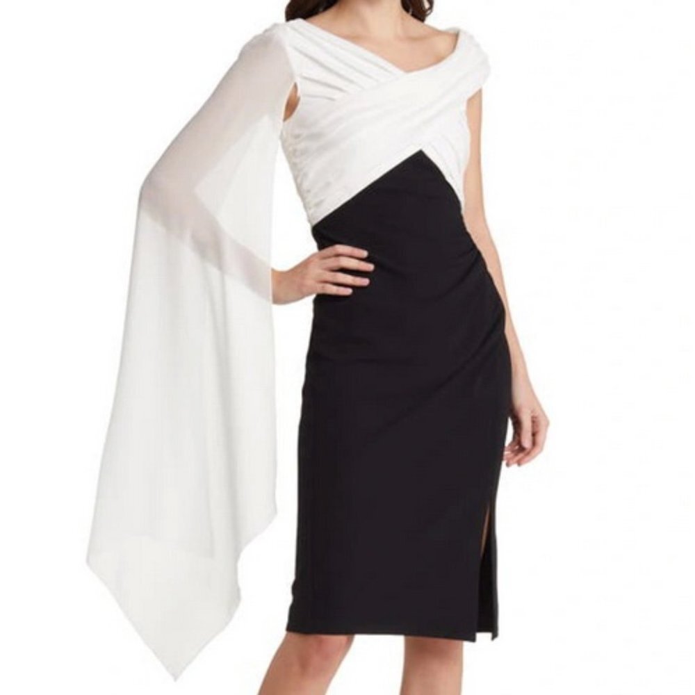 Tadashi Shoji Ivory Black Pleated Crisscross Bodice Knee-Length Dress